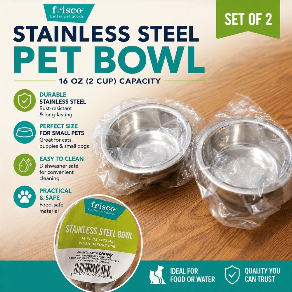 Frisco Stainless Steel Pet Bowl 16 Oz 2 Cup Small Breed Cat Dog Puppy NEW